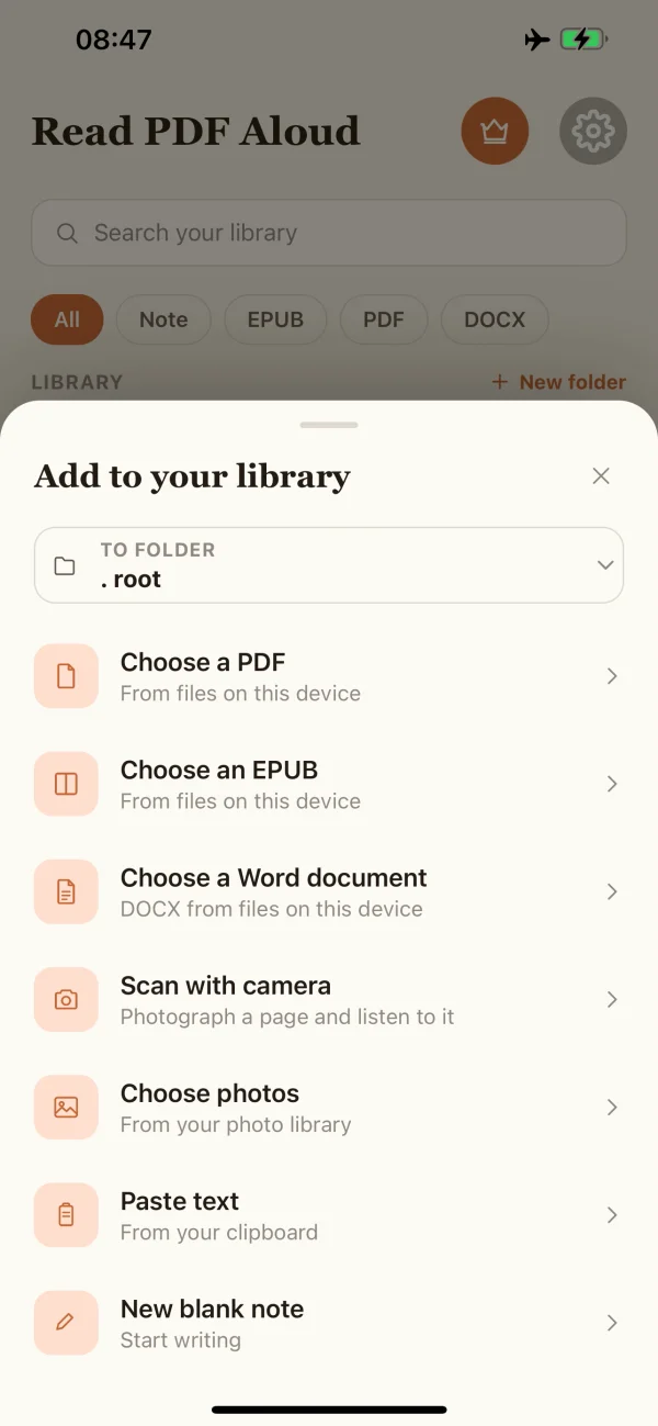 Import a file, scan a page or start a note.