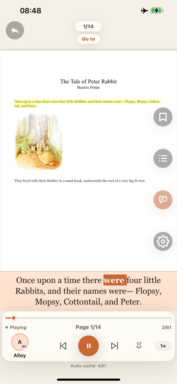 Sentence highlighting and a caption bar keep your place.