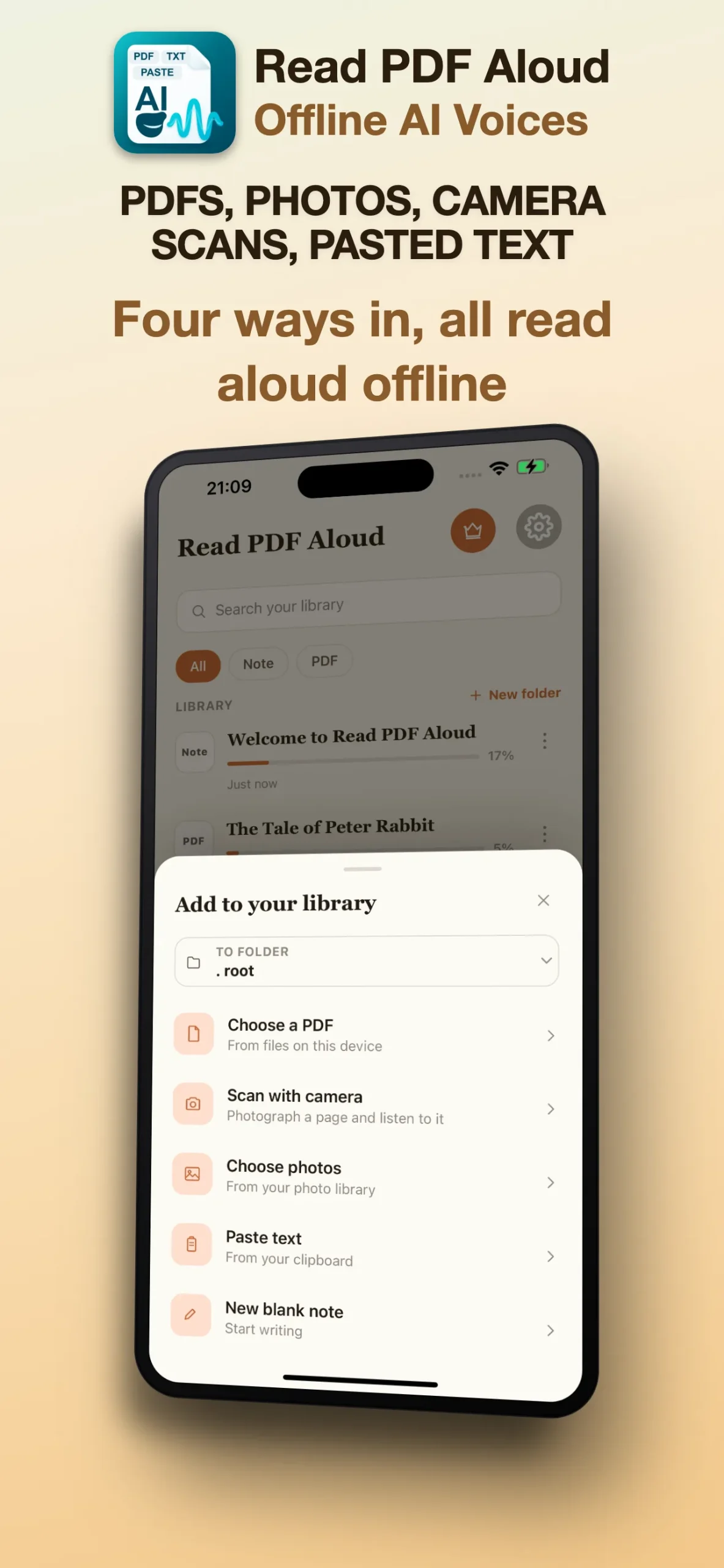 PDF, scan, photo, text and note import options