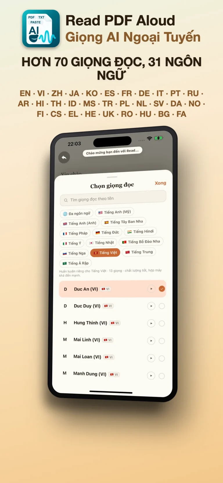 Chọn giọng đọc ngoại tuyến trong Read PDF Aloud